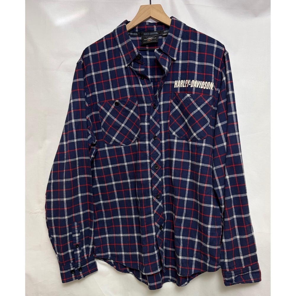 Harley-Davidson Button Down Mens L Blue Excellent Plaid Embroidered Logo Flannel